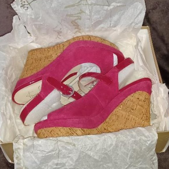 Cherry Red Suede Franco Sarto Cork Wedge Heels - Picture 3 of 7